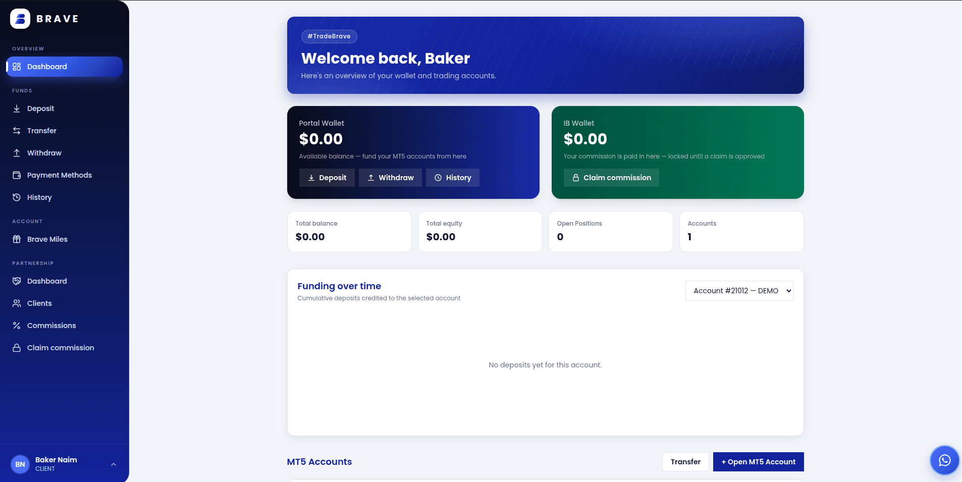 BRAVE FX trading dashboard with account overview